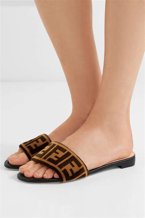 fendi logo printed velvet slide sandals|fendi sandals flat woman.